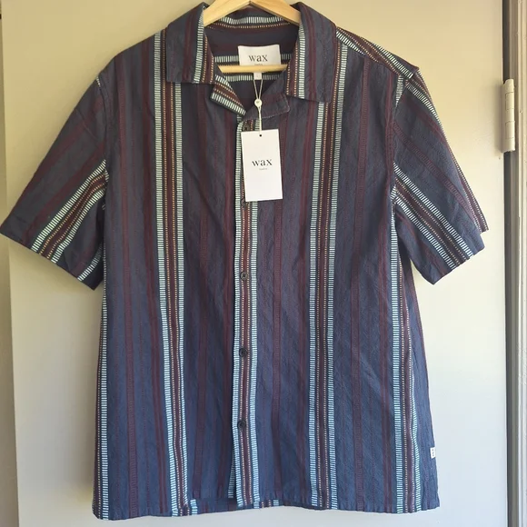 Wax London Men's Navy Dobby Striped Didcot Shirt L 100% Organic cotton NEW